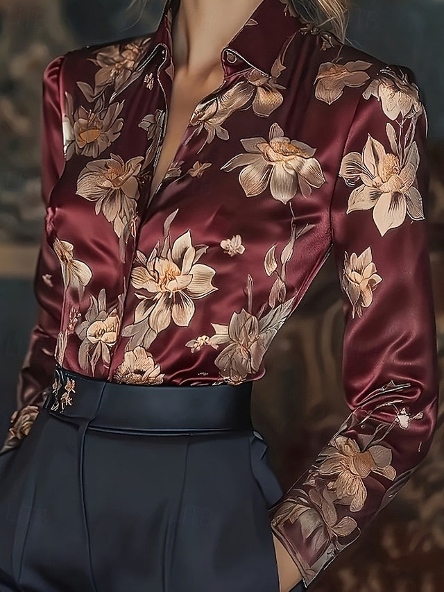 Women's Shirt Elegant Satin Top Blouse Buttons Print Floral