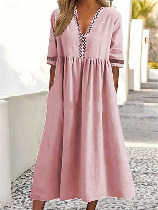 Women's Blue White Pink Summer Spring Midi Dress 100%