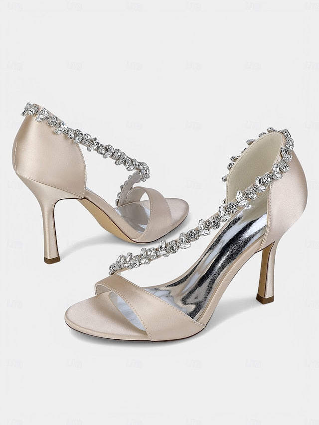Crystal Heels Satin Champagne Women's – T-Strap with High