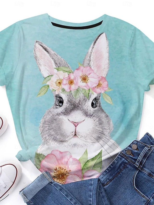 Women's Bunny Rose Crown T-shirt Blue Floral Crew Neck