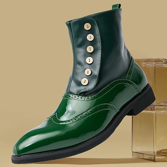 Men's Leather - Wingtip Vintage Boots Stylish Button Green