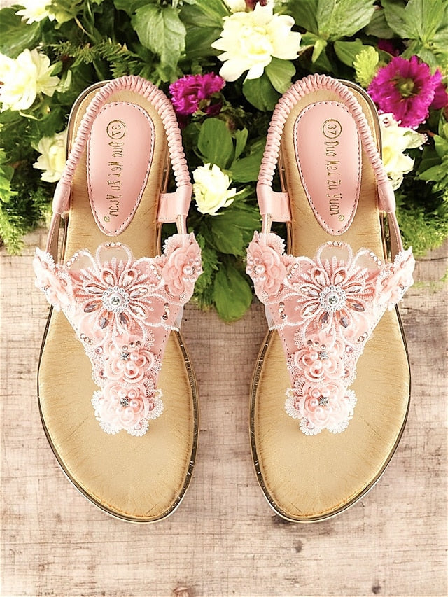 Women's Embellished T-Strap Sandals Floral Pink – Lace