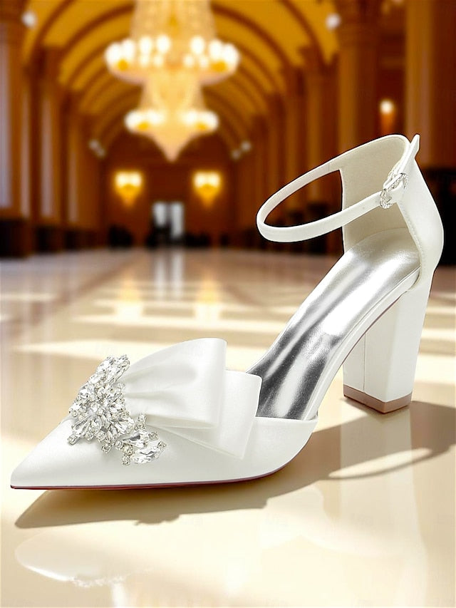 Heel with Satin Women's and Bow Block Crystal Pumps