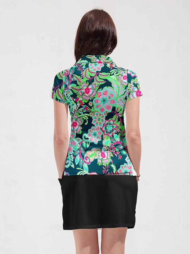 Women's Golf Polo Shirt Floral Green Sun Protection UPF50