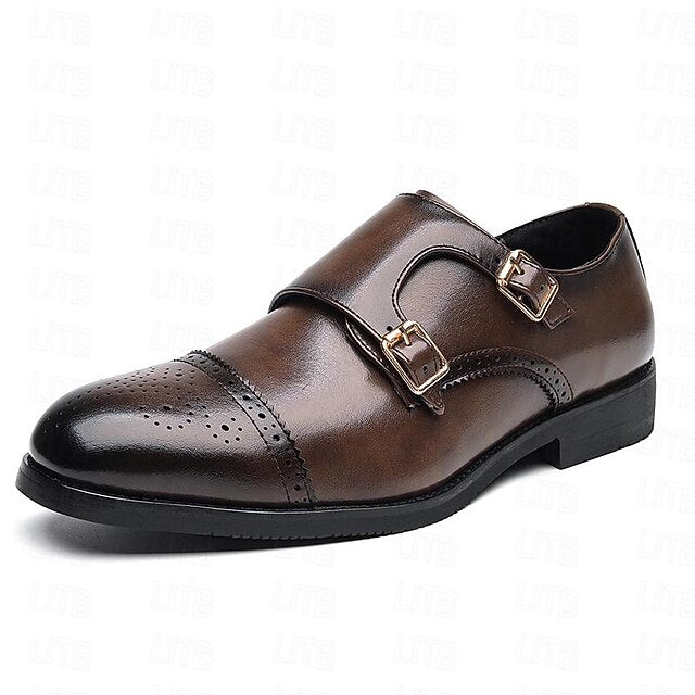 Men's Monk Leather with Strap Brown Faux Double Shoes
