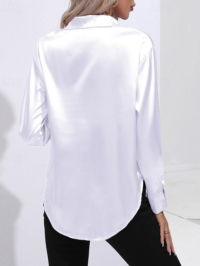 Women's Shirt Elegant Satin Top Blouse Buttons Plain