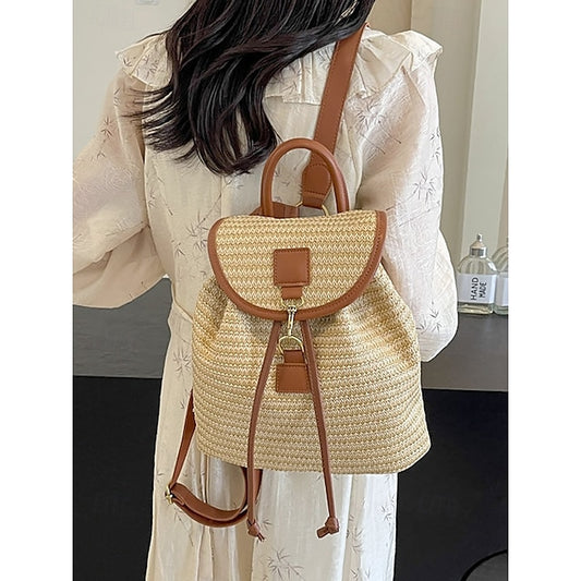 – Women Woven Boho Bag with Rattan for Travel Straw Backpack