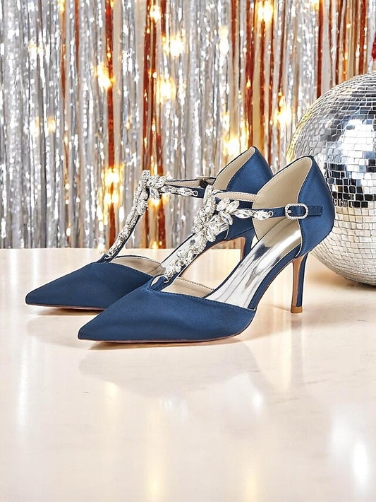 Pointed Toe – Heels Women's Blue T-Strap Navy Satin