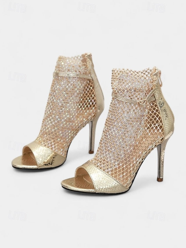 Stiletto Glitter Mesh – Women's Gold Sandals Open-Toe