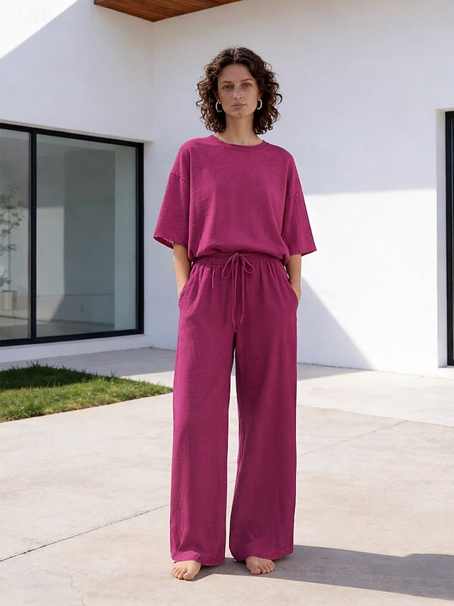 15% Linen Women's Pants Sets Linen Sets Basic Pure Color