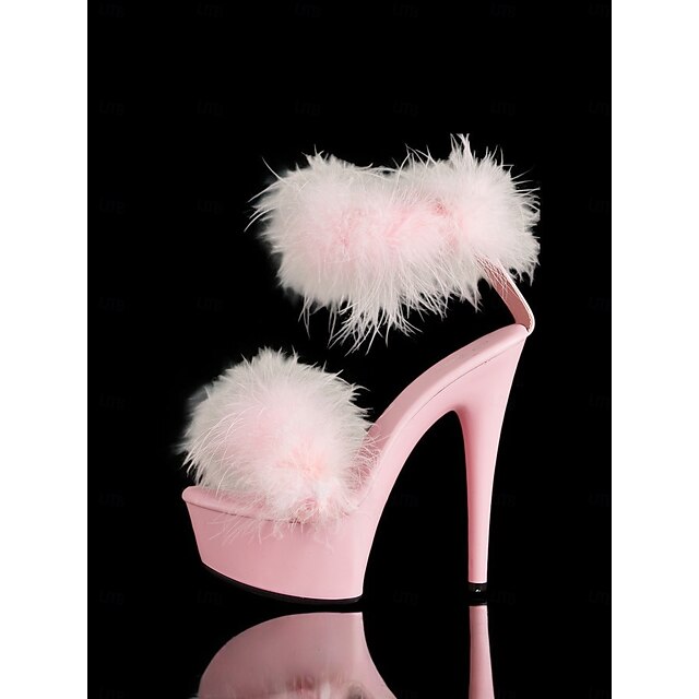 –Stylish High Heels with Pink Platform Fluffy Sandals