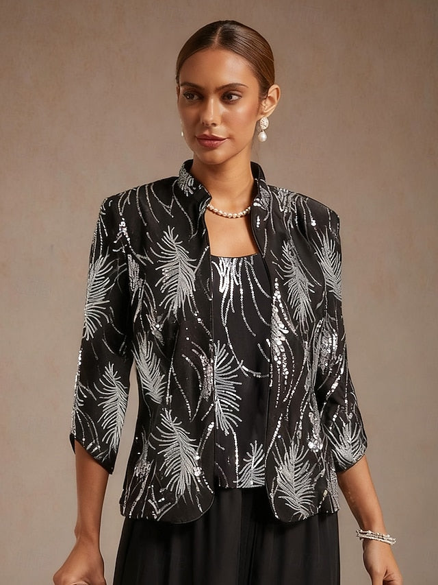 Women's Sequin Tops Twinset Sequins Feather Elegant 3/4