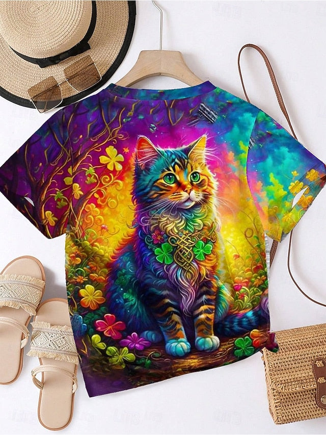 Women's T Shirt Casual Cat Print Short Sleeve Regular Tops