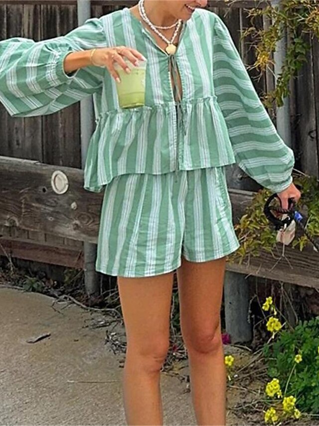 Women's Cotton Linen Shirts Blouse Shorts Sets Long Sleeve