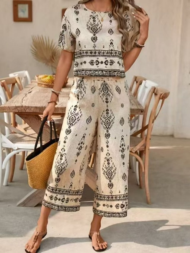 Women's Pants Sets Short Sleeve Round Neck Floral Graphic