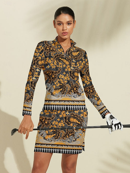 Women's Golf Polo Shirt Golden Long Sleeve Top Ladies Golf