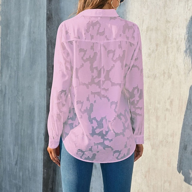 Women's Shirt Blouse Chiffon Tops Pocket 3D Print Buttons