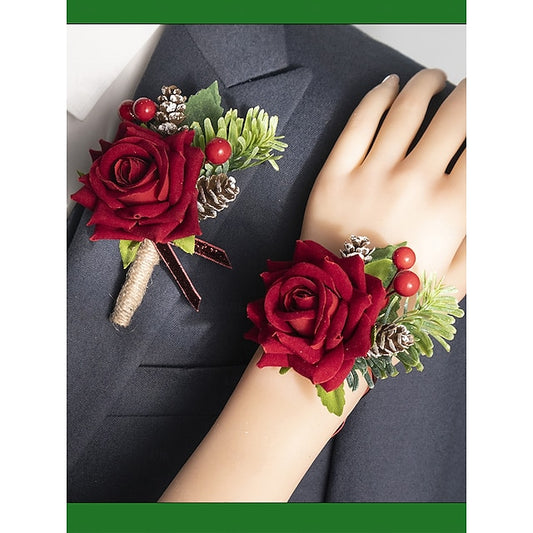 Rose and Boutonniere Women's Red Christmas Set Corsage