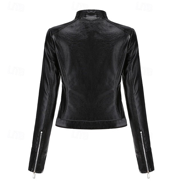 Women's Jacket Pocket Faux Zipper Leather Comfortable