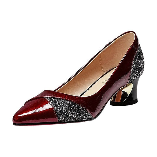 Women's Glitter-Accented Block Leather Patent Heels Faux
