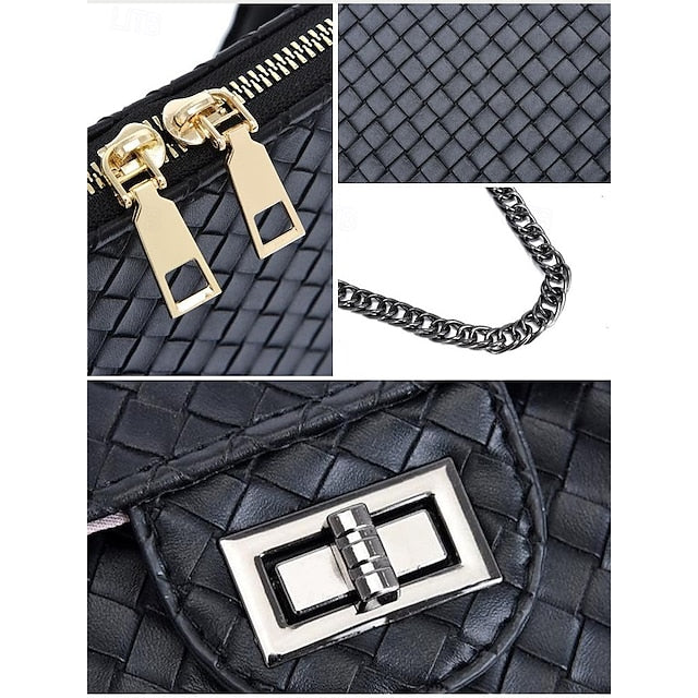 Faux Set Handbag Brown Women's Woven 3-Piece Leather –