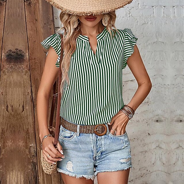 Women's Shirt Blouse Casual Striped Ruffle Print Short