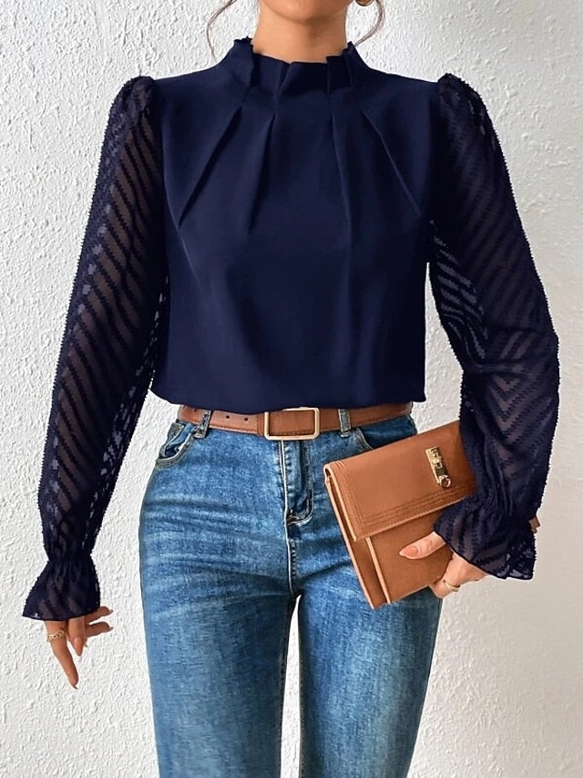 Women's Shirt Blouse Daily Basic Mesh Long Sleeve Regular