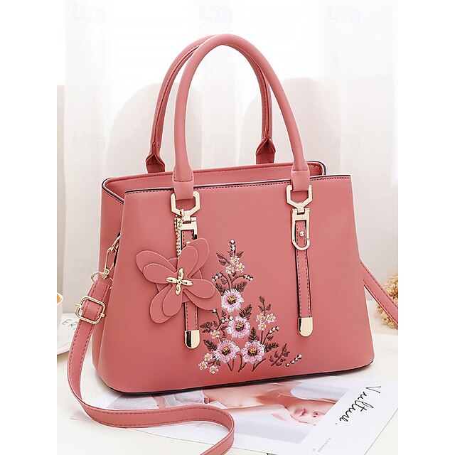 Embroidery Leather Faux Green Floral with Handbag Women's