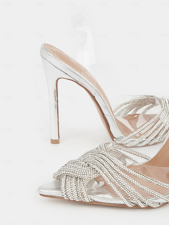 with Sandals Silver Transparent Stiletto Straps – Rhinestone