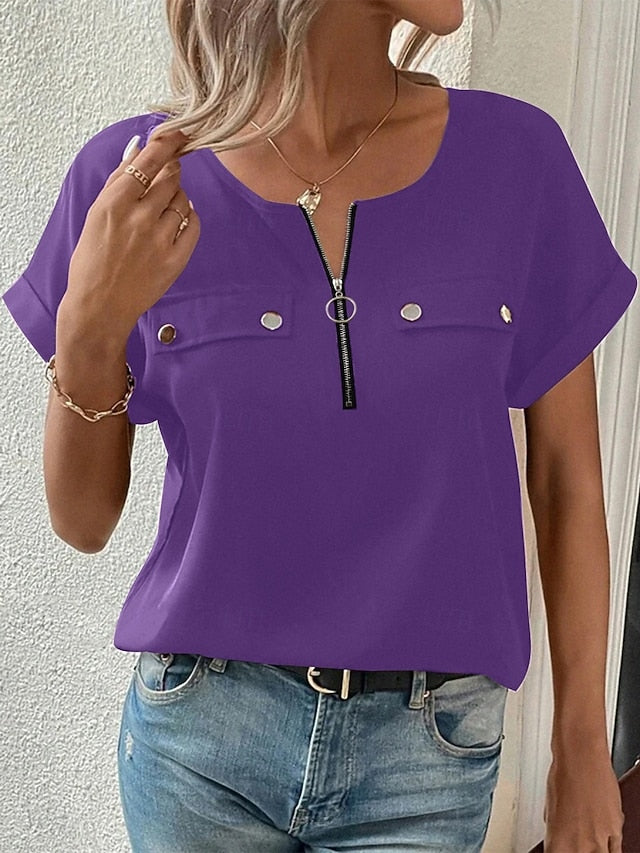 Women's T Shirt Tee Top Zipper Plain Fashion Stylish