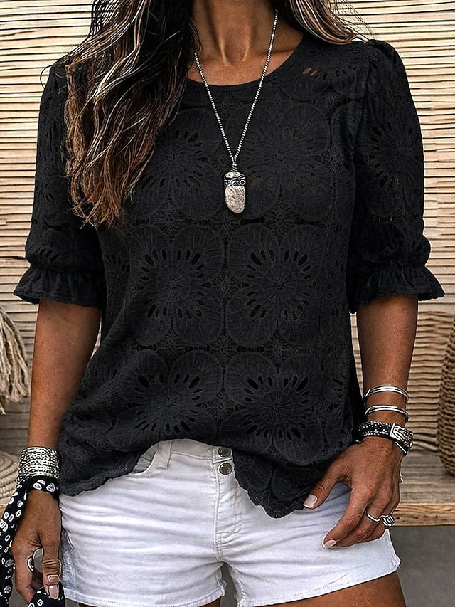 Women's Lace Splicing Top Blouse Lace Patchwork Solid Color