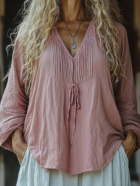 Women's Cotton Linen Shirts Blouse Ruched Plain Elegant
