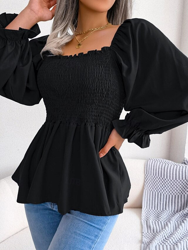 Women's Blouse Chiffon Tops Ruched Patchwork Plain Stylish