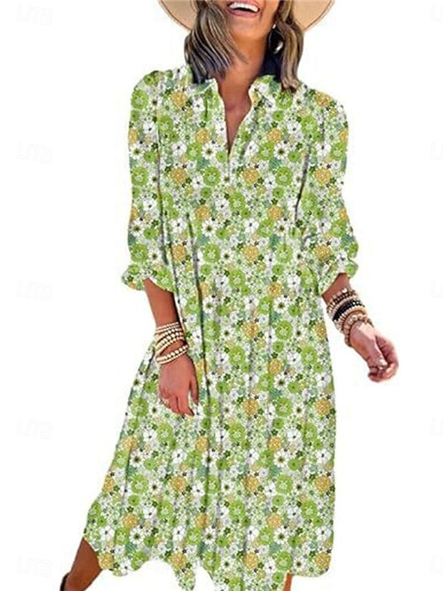Women's Floral Split Neck Midi Dress Long Sleeve Summer