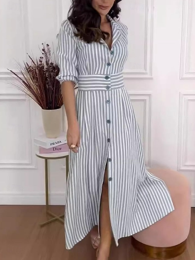 Women's Stripe Shirt Collar Maxi Dress 3/4 Length Sleeve