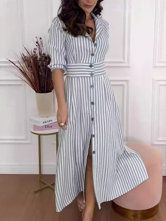 Women's Stripe Shirt Collar Maxi Dress 3/4 Length Sleeve