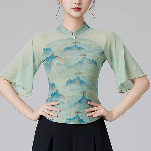 Latin Dance Top Splicing Tulle Women's Performance Training