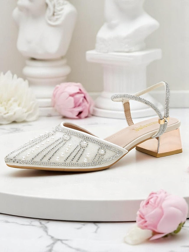 and Block Toe Pointed Women's Pearl Heels with Ivory