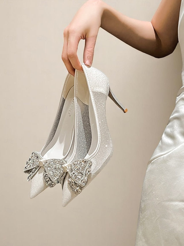 Rhinestone with Glitter Heels Women's High Bow