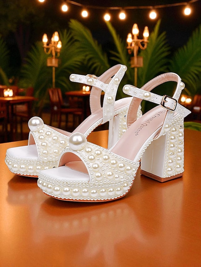 Embellished Pearl Sandals Platform Block Women's White Heel