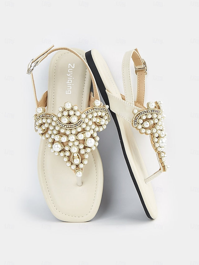 Women's T-Strap Sandals Pearl-Embellished – Flat Elegant