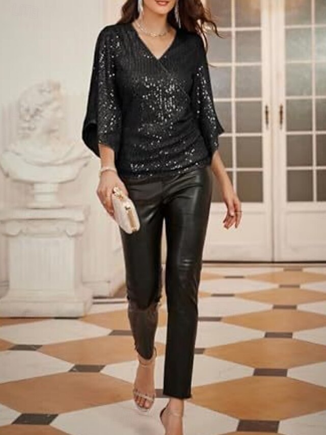 Women's Blouse Sequins Solid Color Elegant Modern 3/4