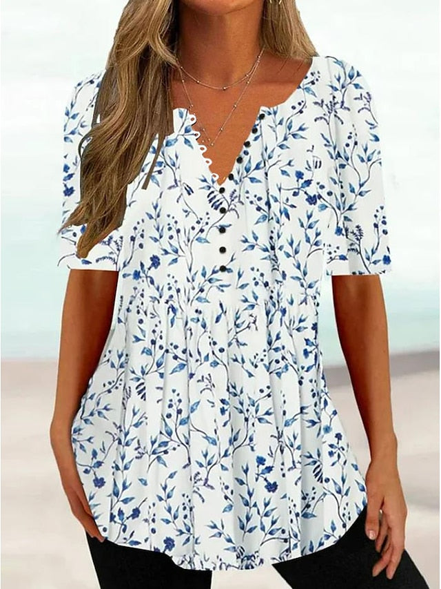 Women's T Shirt Henley Shirt Buttons Print Floral Tunic