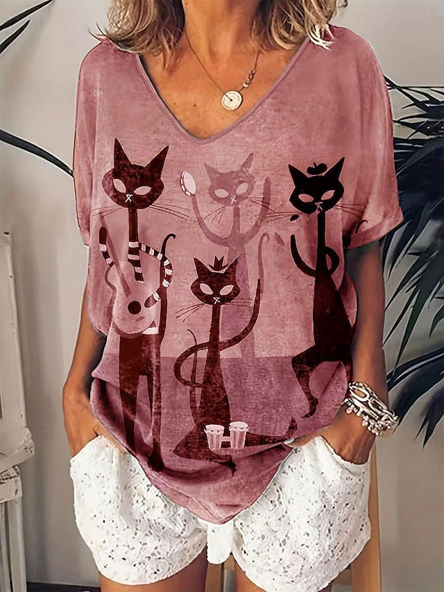 Women's T shirt Black Cat Casual Print Short Sleeve Regular