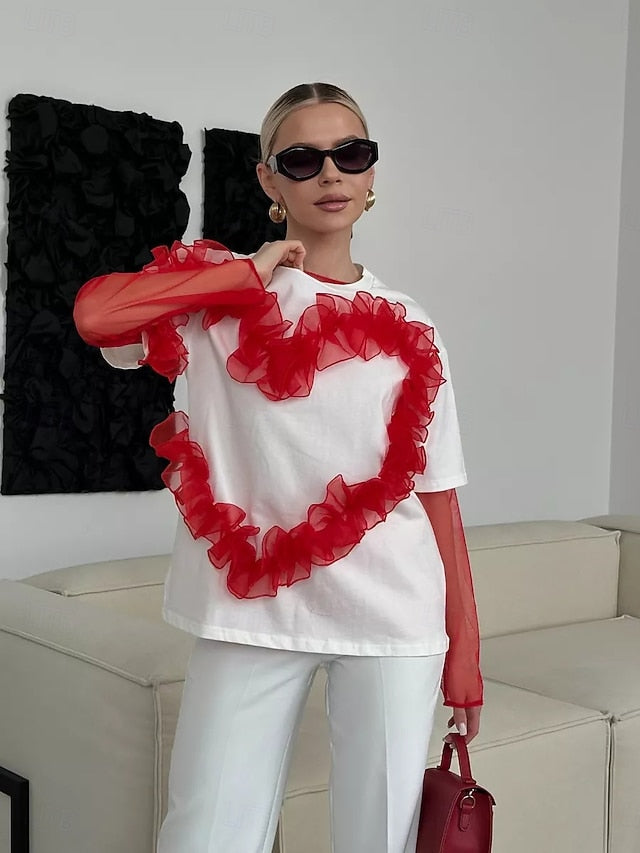Women's 100% Cotton T Shirt Ruched Patchwork 3D Appliques