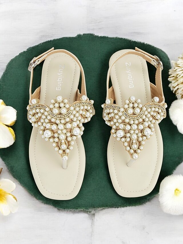 Women's T-Strap Sandals Pearl-Embellished – Flat Elegant