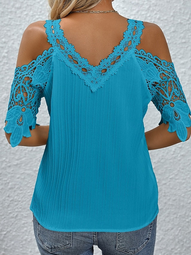 Women's Blouse Stylish Modern Solid Color Lace Short Sleeve