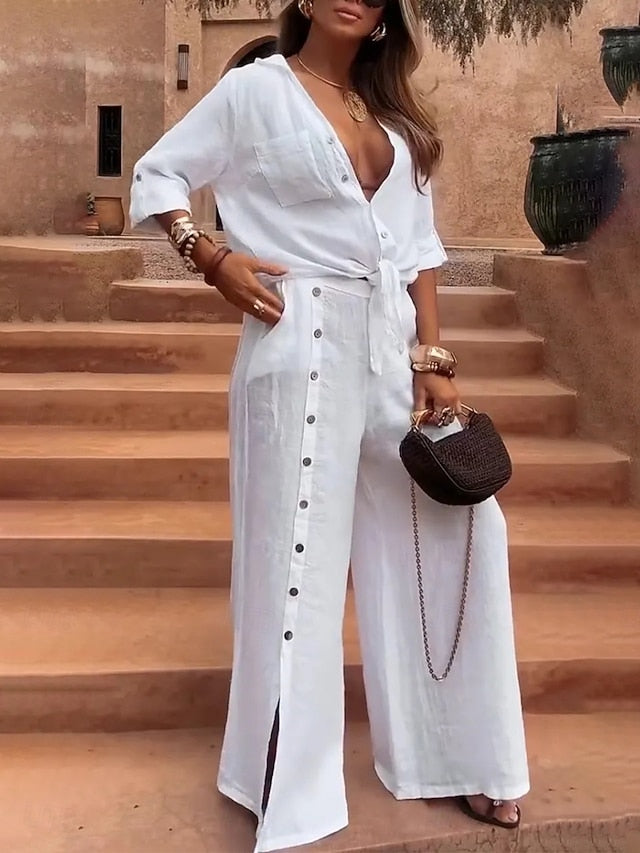 Women's Pants Sets Long Sleeve Shirt Collar Solid Color