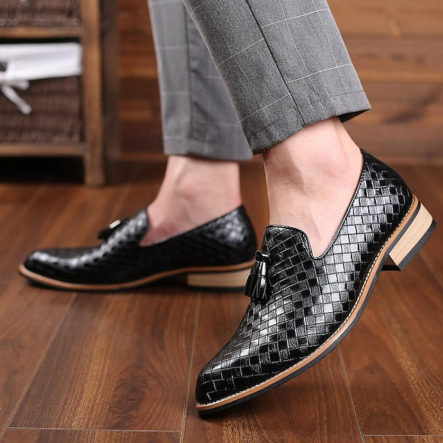 Leather Tassel Black Loafers Faux Men's Detail with Woven