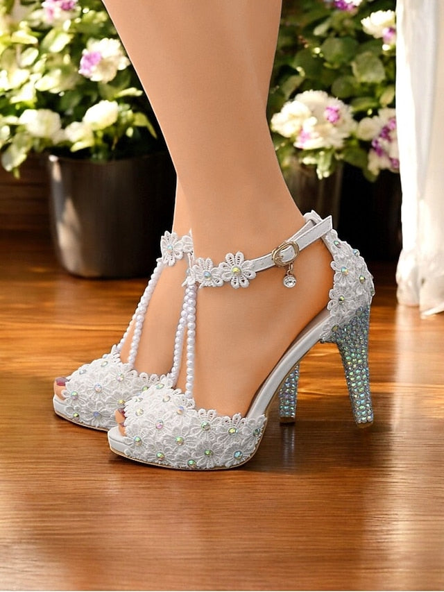 T-Strap Lace Floral Pearl-Decorated Sandals White - Bridal